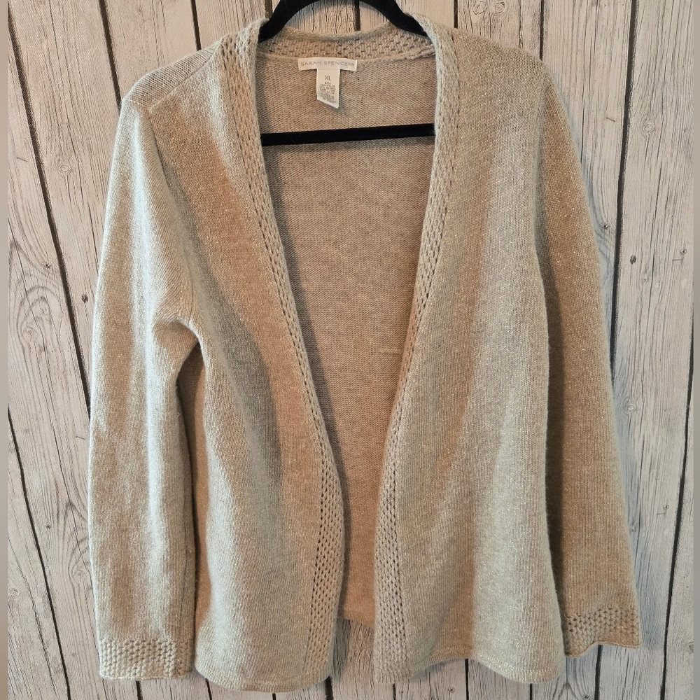 Sarah Spencer XL Beige Shimmer Wool Blend Open Front Cardigan